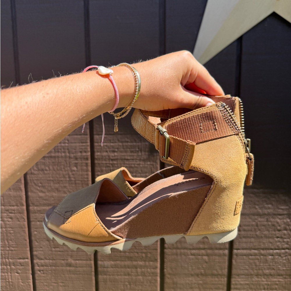 Sorel Tan Wedge Sandals with Ankle Straps